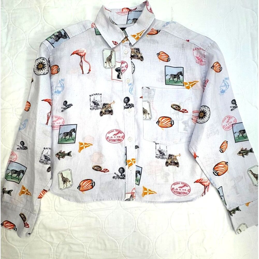 Banana Republic Heritage Linen Boxy Cropped Safari Passport Stamp Print Shirt M